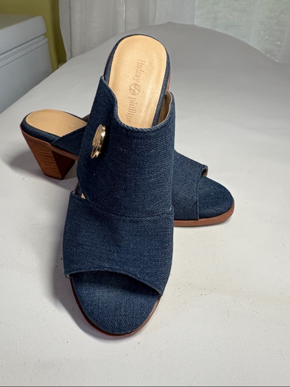 Lindsay Phillips Blue Denim Block Heel Slide Sandal Size 7.5
